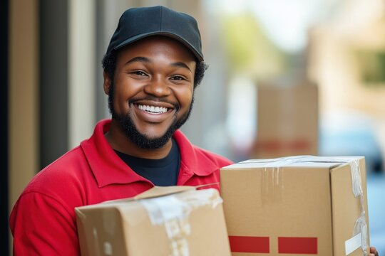 Happy African American delivery person carrying packages outdoors. Smiling man in red uniform holds cardboard boxes. Pro delivery service. Home delivery concept in city residential area. Modern