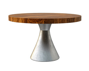 a round wooden table with a silver base