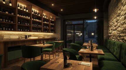 Cozy, dimly lit restaurant interior with wine shelves and green velvet seating.