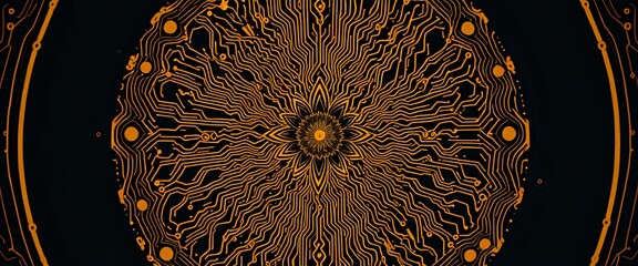 Intricate Art Nouveau Circuit Board Mandala on Black Background