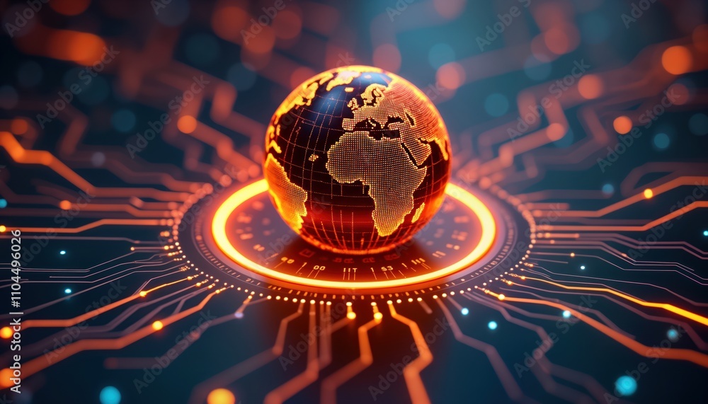 Poster digital globe protected by glowing cybernetic shield. global network security system with glowing co