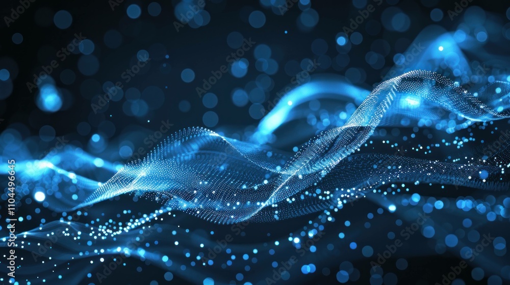 Poster abstract blue wave patterns with glowing particles creating a dynamic background ideal for technolog