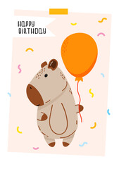 Birthday card with capybara and a balloon. For party invitations, festive decorations, or fun digital projects celebrating special moments. Vector illustration