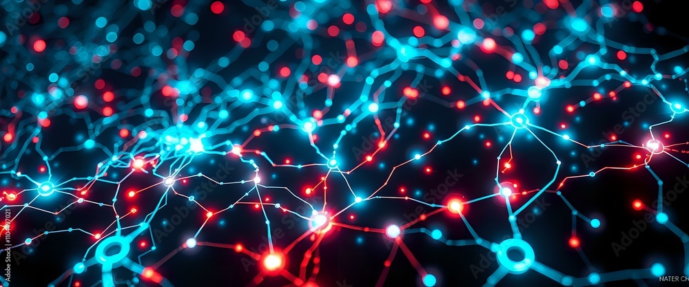 Poster glowing neon cyberpunk circuit board nodes data visualization
