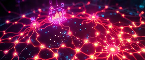 Obraz premium Neon Cyberpunk Network - Intricate Web of Interconnected Nodes