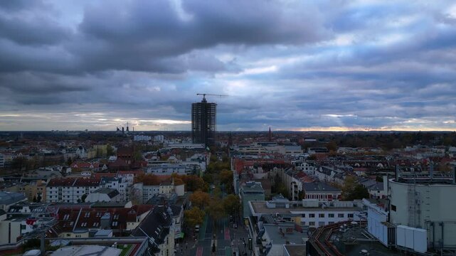 Berlin cloudy skyline over Shopping Street. Majestic aerial view flight drone