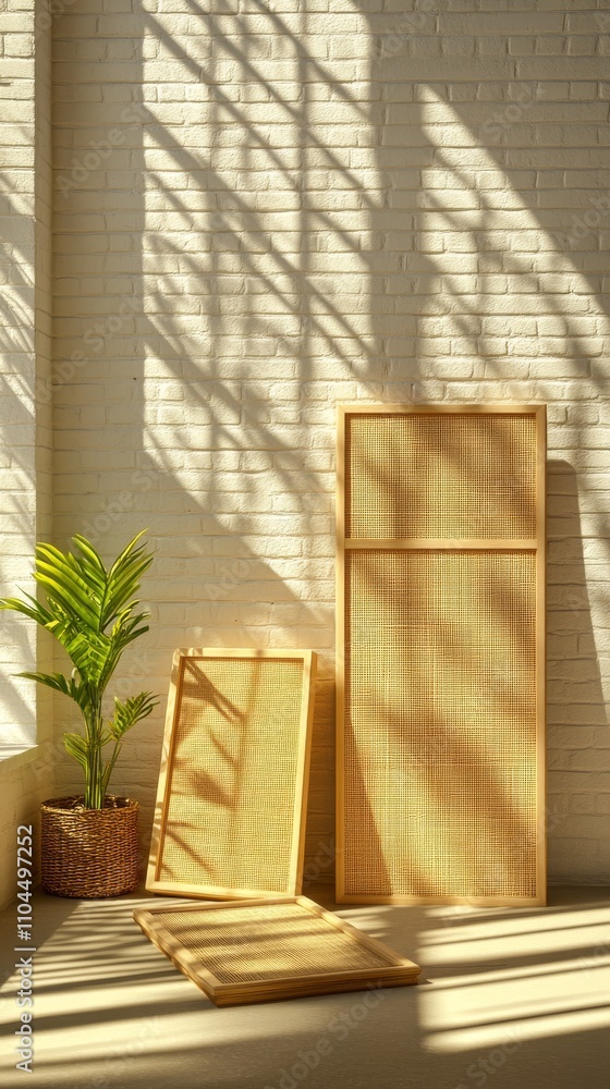 Poster three varied photo frames arranged simply on a wooden floor in front of a white brick wall, creating