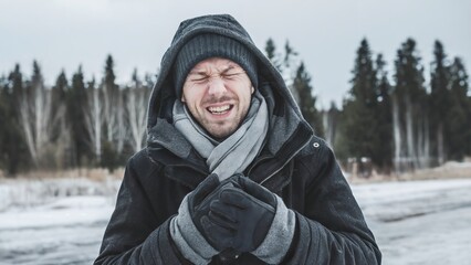a man shivering in the cold. He is wearing a heavy coat, a scarf, and a hat