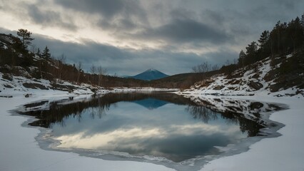 Winter landscape with a calm lake reflecting the sky and trees