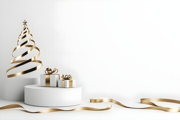 Christmas Podiums with Golden Ribbon, white background