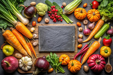 Autumn harvest vegetables surrounding a blank slate board on a rustic background.