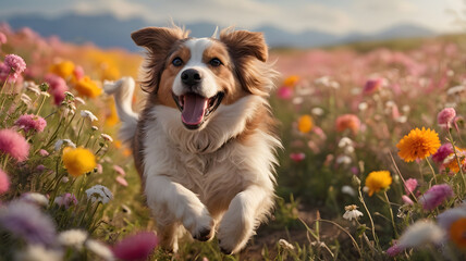 Joyful Dog Running Through Wildflower Field