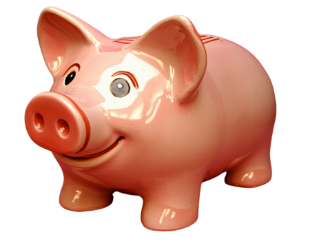 a pink piggy bank with a smile