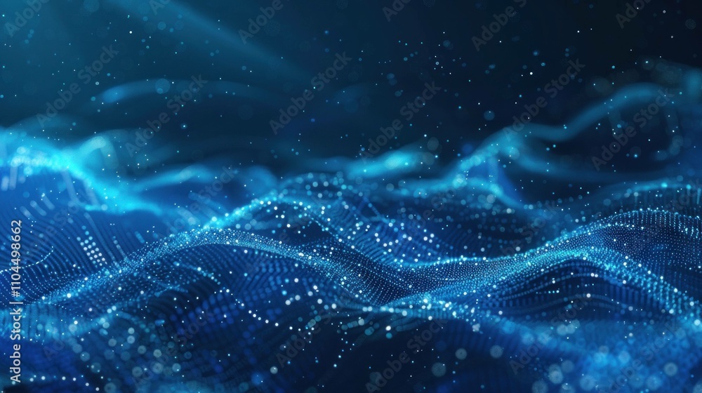 Poster abstract digital waves with glowing particles creating a sense of motion and depth in a vibrant blue
