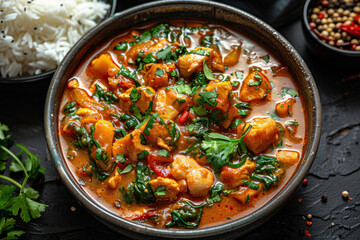 a delicious dish consisting of pieces of chicken in a fragrant curry sauce with herbs 