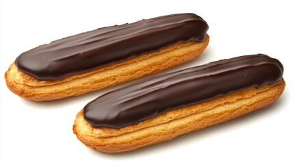 Delicious clairs with a chocolate glaze and cream make an elegant dessert presentation on a clean white background.