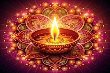 Illuminated diya in ornate mandala.