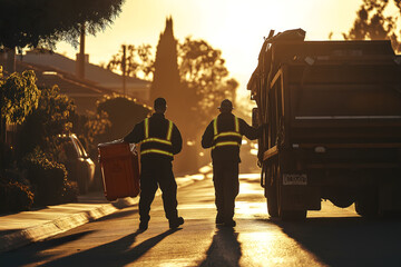 Two garbage collectors are walking towards their truck on a residential street at sunrise, ready to start their workday
