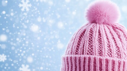 Cozy pink knitted hat with pom-pom against a snowy winter background, AI