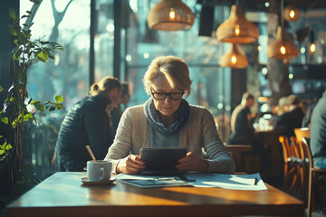 Focused mature businesswoman working on digital tablet and drinking coffee in modern cafe