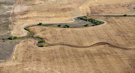 aerial view of landscape with fields and river in Nebraska, USA