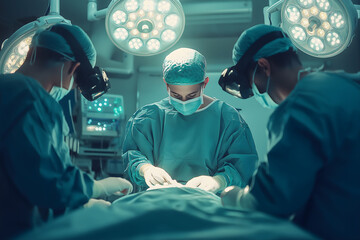 Medical team performing innovative surgery using vr headsets, enhancing precision and visualization in operating room