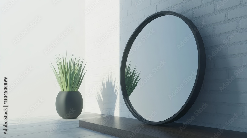 Poster explore a scandinavian-themed entryway featuring a round mirror and a stylish console table placed a