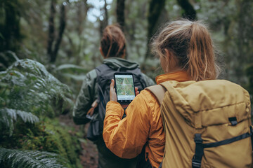 Two hikers walking in a forest trail are using a gps app on their mobile phone, checking their position