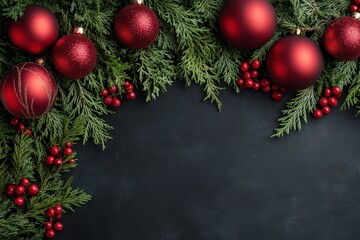 Elegant Christmas-themed border with red ornaments and pine branches on a dark background for holiday greeting cards and festive designs