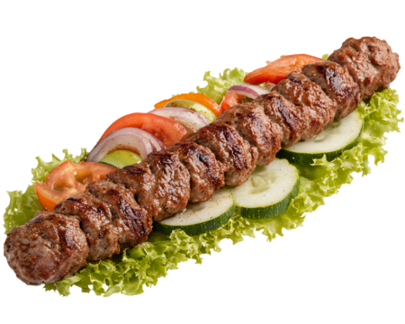 a long skewer of meat and vegetables