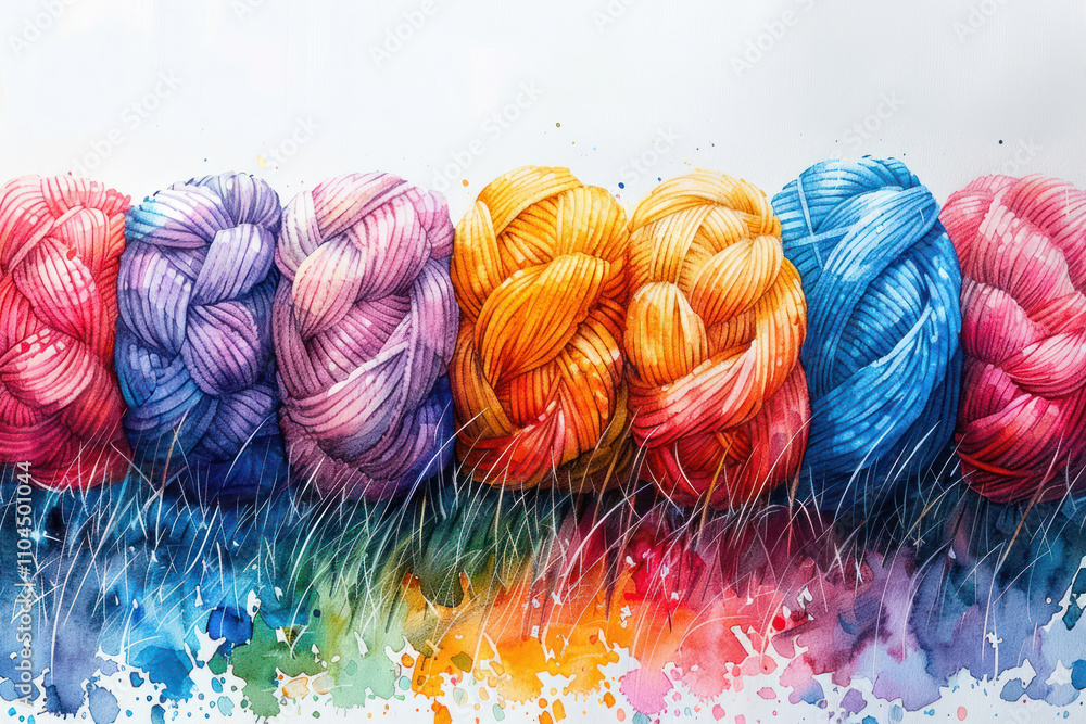 Poster bright and colorful skeins of yarn neatly laid out in a row on a light background