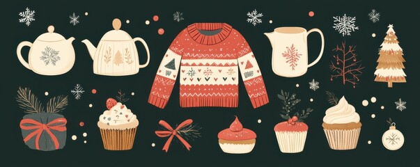 Christmas-themed flat  illustration featuring festive sweater, cupcakes, and seasonal decorations