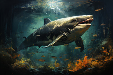 Fototapeta premium an underwater world with a large prehistoric predator resembling a megalodon. 