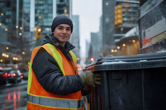 Dedicated waste collector emptying a garbage bin on snowy city street, ensuring cleanliness and promoting recycling. Surrounded by buildings and traffic, worker diligently performs essential job