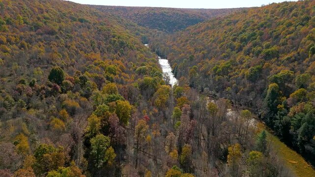 Aerial view of a serene river valley in Autumn, drone 4K