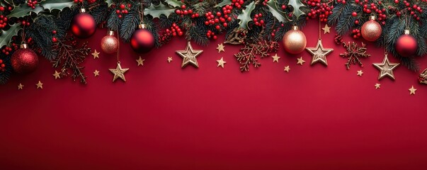 Festive Christmas-themed mobile wallpaper with holly and golden ornaments in a seasonal garland arrangement over a red background