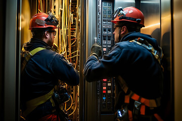 Two elevator technicians wearing safety harnesses and helmets are inspecting and working on an elevator control panel inside an elevator shaft