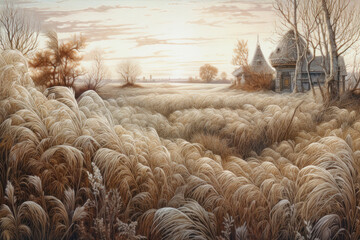 picturesque countryside landscape at sunset. The focus is on golden grasses gently swaying in the wind.  