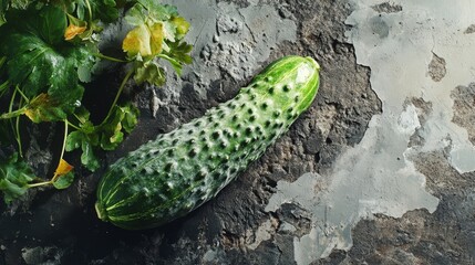 Odd veg, fresh cuke, stone backdrop, closeup.