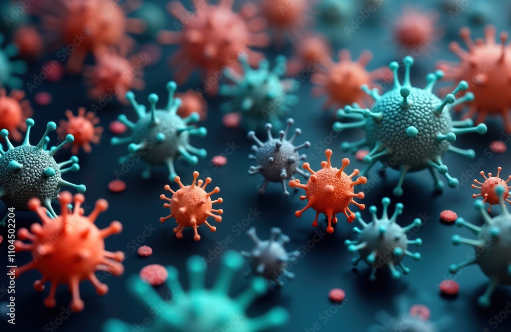 Poster Abstract closeup view of different viruses. Colorful cellular structures, molecular interactions symbolize medical research. Vibrant visual represents biotechnology research, laboratory discoveries.