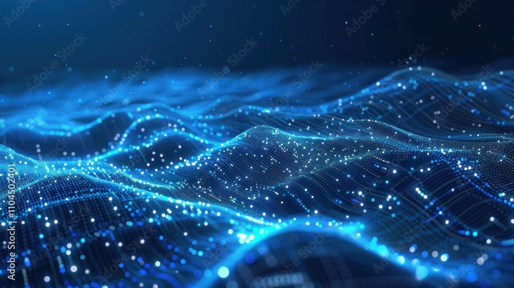 Aufkleber abstract blue waves with glowing particles creating a dynamic digital landscape, conveying technolog