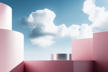 Minimalist Pink Geometric Blocks with Sky and Clouds &ndash; Modern Abstract Design