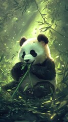 Obraz premium Adorable panda eating bamboo in a forest, soft green light, detailed fur, and bamboo textures