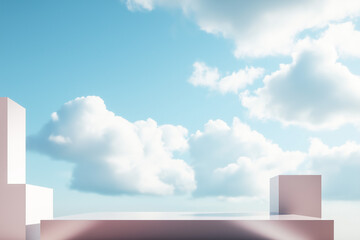 3d rendering of a blue sky with white clouds. the sky is a bright, clear blue with a few wispy clouds scattered across it. on the left side of the image, there is a pink wall with a shadow cast on it.
