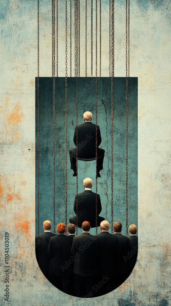 Poster boss and subordinates and oppression. a surreal depiction of a lone figure controlling a group, symb