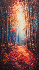 Sunbeams illuminating magical autumn forest path painting