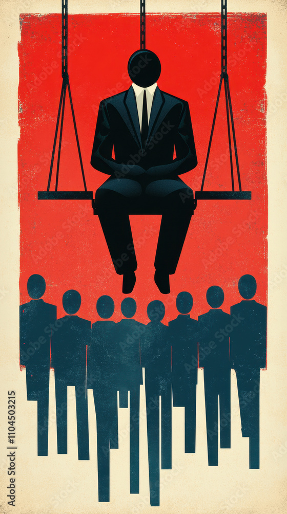 Poster boss and subordinates and oppression. a suited figure swings above a crowd, symbolizing power dynami
