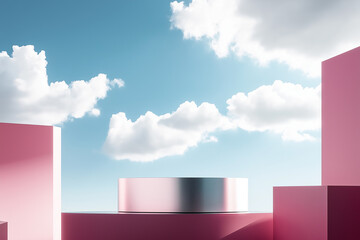 3d rendering of a blue sky with white clouds. the sky is a bright, clear blue with a few wispy clouds scattered across it. on the left side of the image, there is a pink wall with a shadow cast on it.