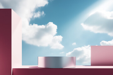 3d rendering of a blue sky with white clouds. the sky is a bright, clear blue with a few wispy clouds scattered across it. on the left side of the image, there is a pink wall with a shadow cast on it.