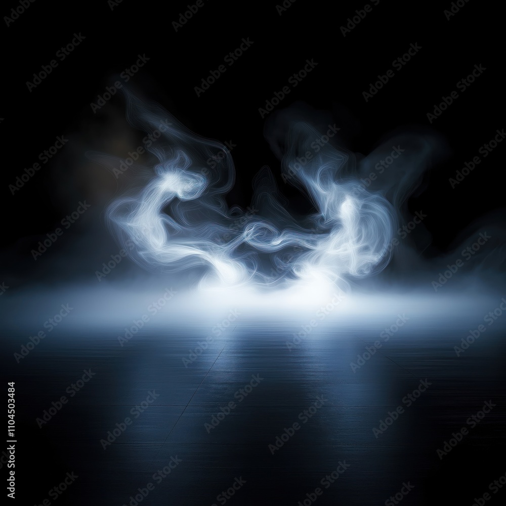 Poster mysterious fog swirls on dark floor. light beams through. abstract fog dance. elegant scene. dark ba